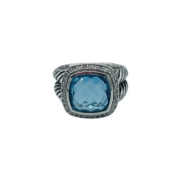 David Yurman Sterling Silver Albion Ring 11mm with Blue Topaz and Diamonds  siz